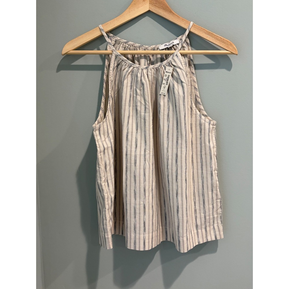 Madewell Womens Striped High Neck Halter Tank Top Cream Blue NF300 Size M NEW